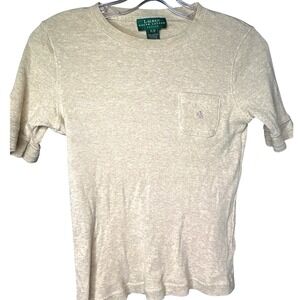 Lauren Ralph Lauren Petite Beige Ribbed Cotton Short Pocket T Shirt‎ Top P/P